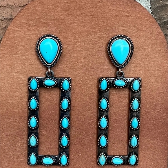 Turquoise Teardrop Earrings with Bronze Accents - Picture 2 of 2